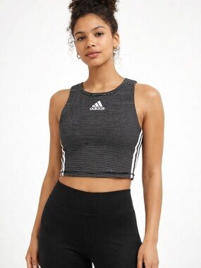 adidas Black Striped Cropped Tank with White Logo